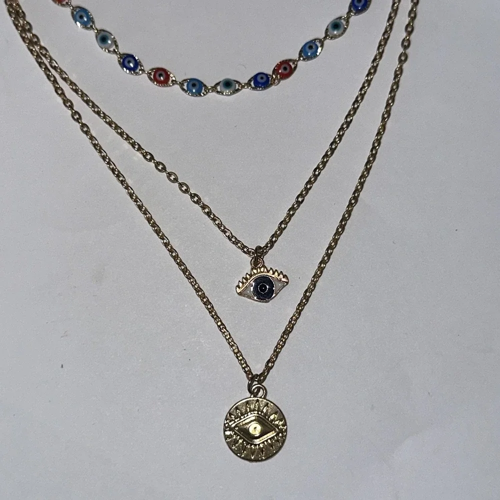 Gold Tone Multicolor Evil Eye Triple Layered Station Necklace Women 19 Inch Luck